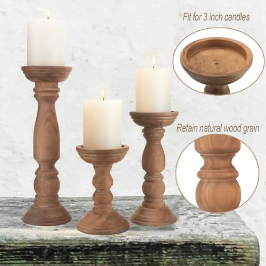 Farmhouse Pillar Rustic Wooden Candle Holders 3 PC 12'' 9'' 6'' Vi