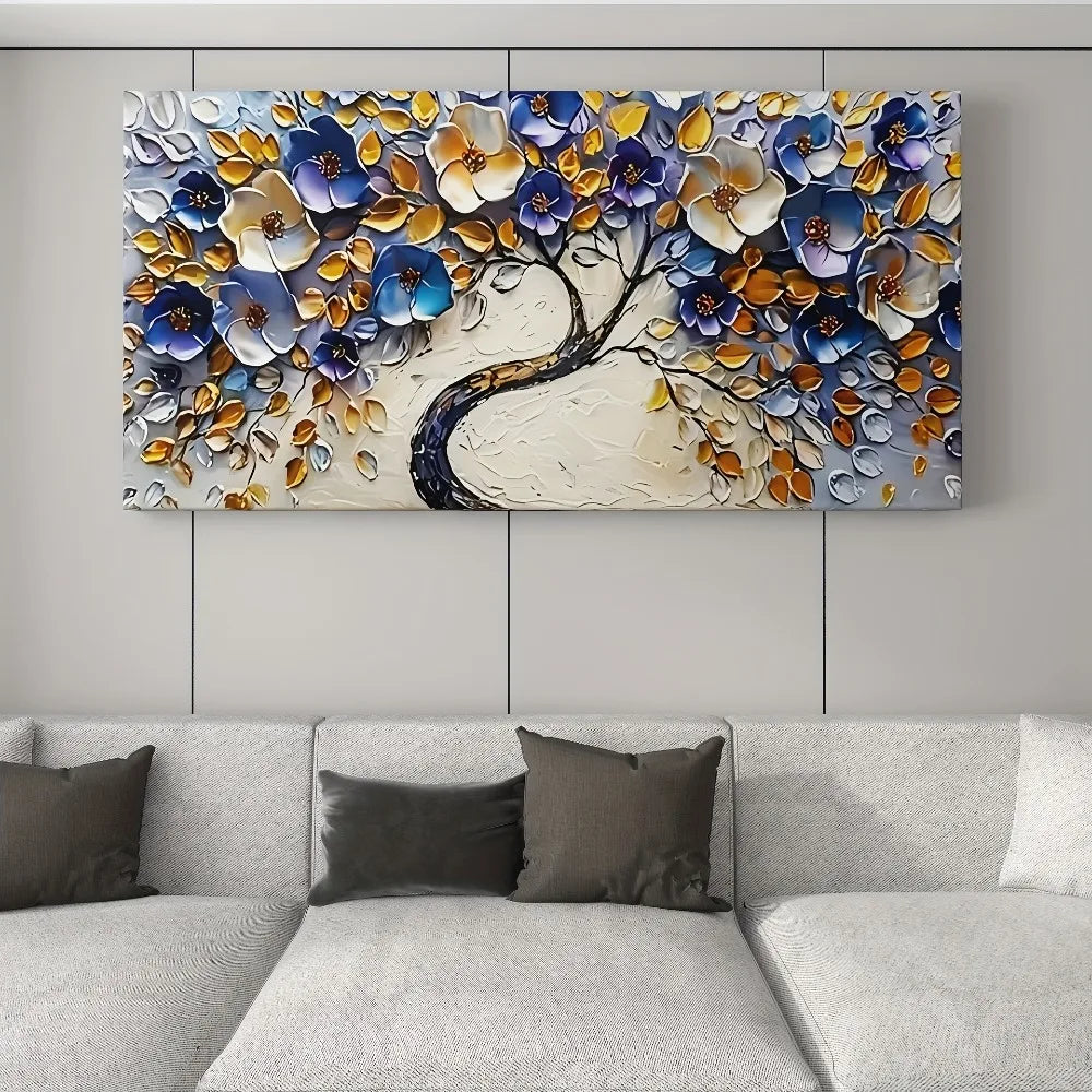 Large abstract blue textured Floral tree canvas art - Boho style,  1.5-inch chunky wood frame