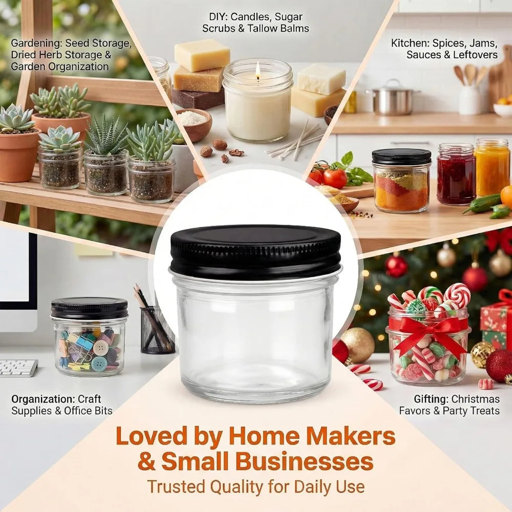 40 Pack 4oz Mini Glass Mason Jars with Black Lids