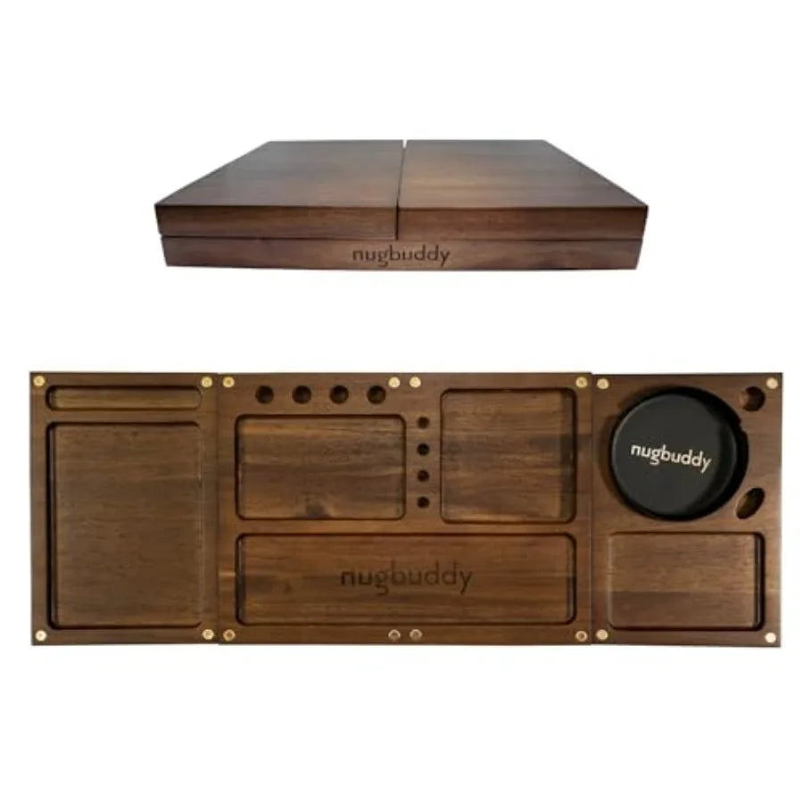 Wooden Rolling Tray 3 in 1 Folding Design Set w Magnetic Lid Big and Small Trays + Removable Metal Tray Portable