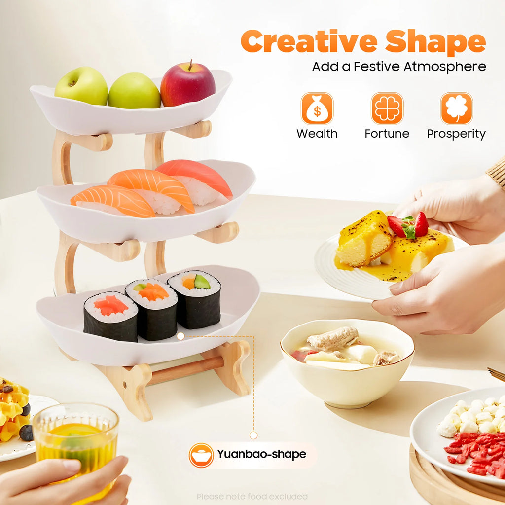 Kitchen Storage Rack Three Tier Fruit Tray Large Detachable Bamboo Stand Space Saving Bowl