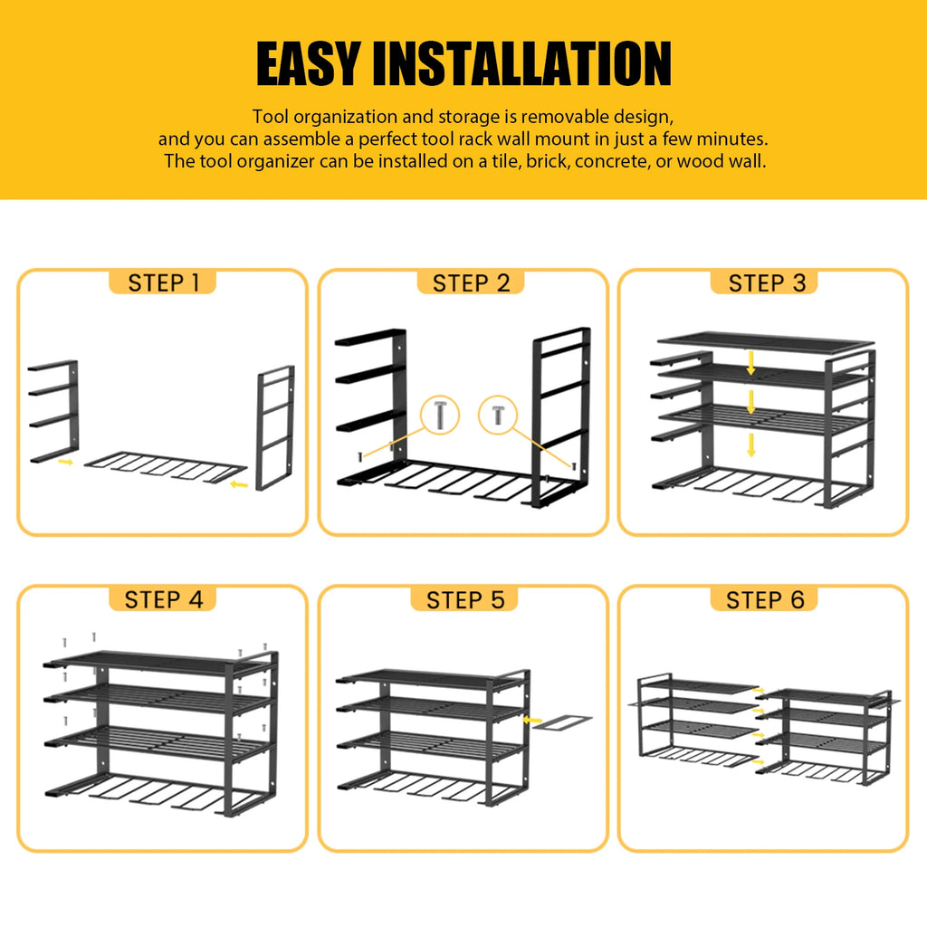 Power 8 Tool Storage Rack 4 Layers Organizer- Floating Shelf Wall Mount Heavy Duty Iron Drill Holder for Basement Workbench