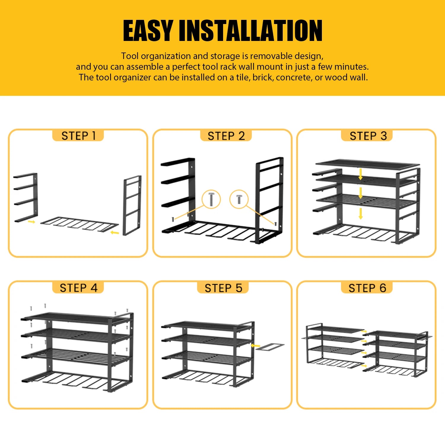 Power 8 Tool Storage Rack 4 Layers Organizer- Floating Shelf Wall Mount Heavy Duty Iron Drill Holder for Basement Workbench
