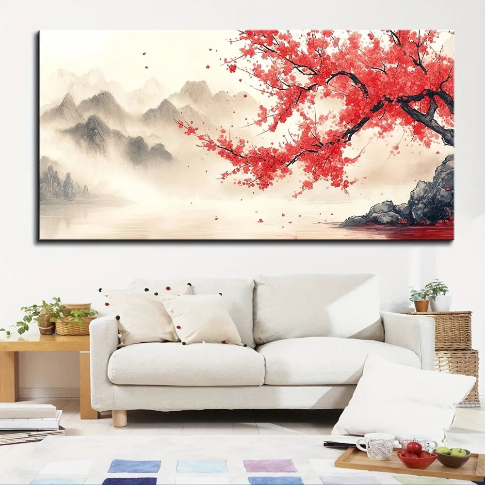 1.5 inch thick pine solid wood frame, Chinese "pink plum" mural landscape