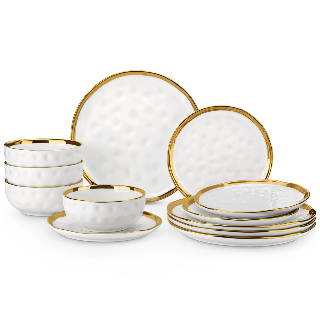 12/24 Piece Ceramic Porcelain White and Golden Rim Dinnerware Sets With 4/8 PCS Dinner Plate/Dessert/Cereal Bowl for 4