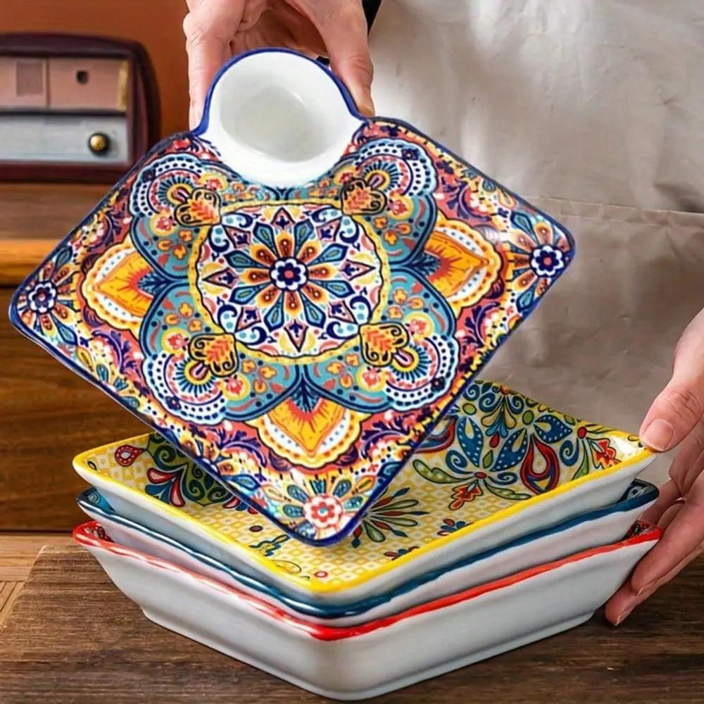 4-Piece Bohemian Art Ceramic Dinner Plate Set - 8-Inch