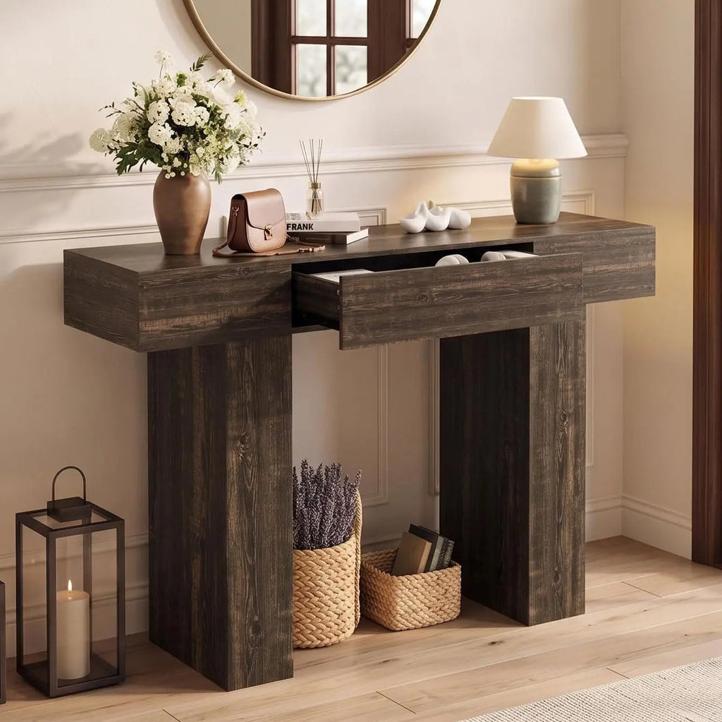 47" Long Console Table with Drawer, Narrow Entryway Table, Charcoal | Wood Rectangular Sofa Table