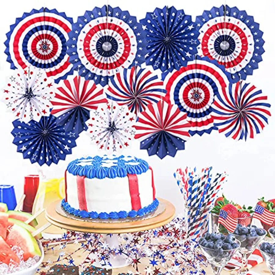 4th of July Patriotic Decorations - 12Pcs Hanging Paper Fan for USA Patriotic