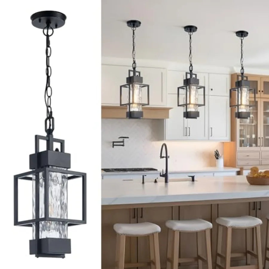 17" Outdoor Chandelier Pendant Light Fixture for Porch Modern Black Dusk to Dawn Exterior Hanging Pendant Lantern