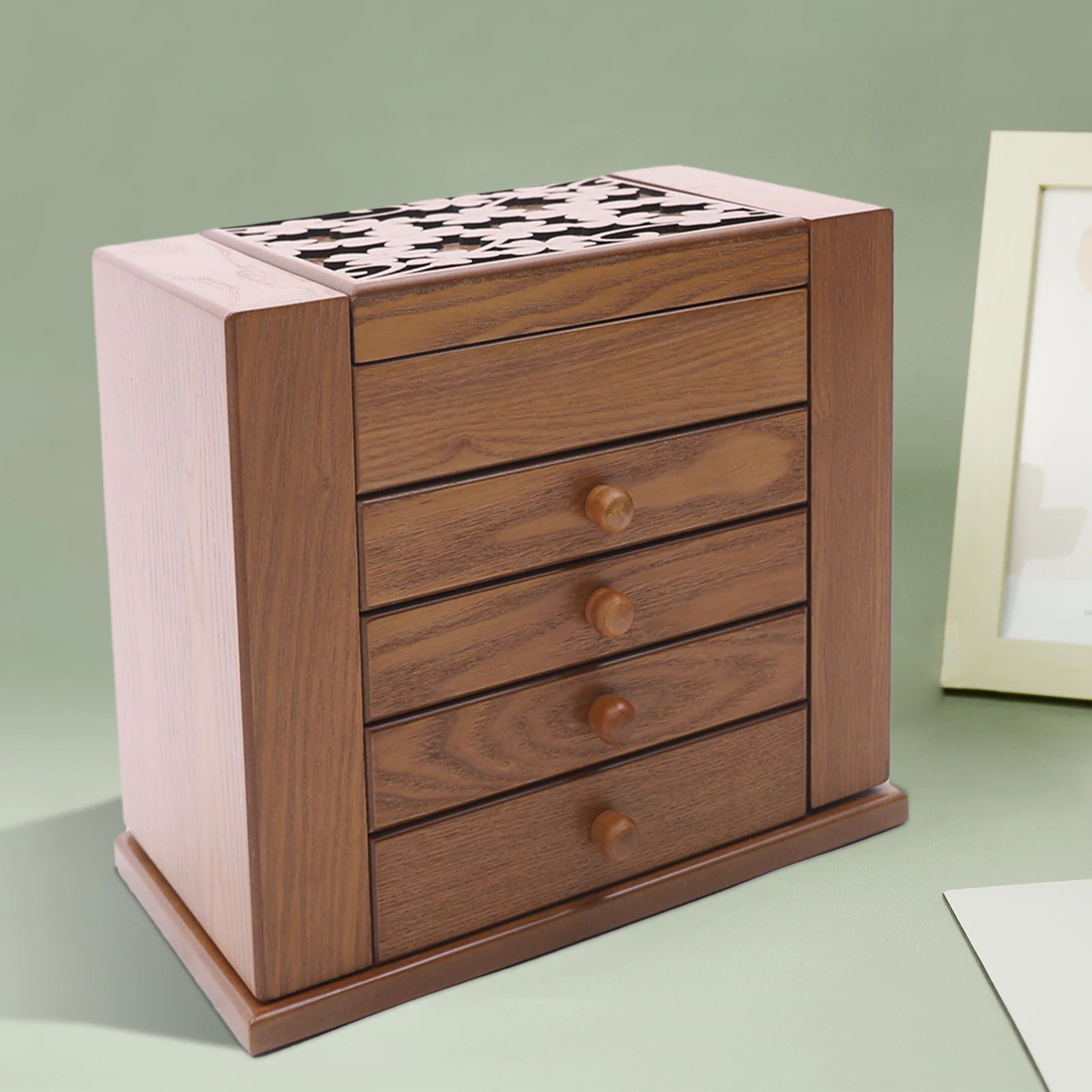 5-tier Wooden Jewelry Box w/ Drawers Mirror Rings, Earrings, Necklaces, Bracelets