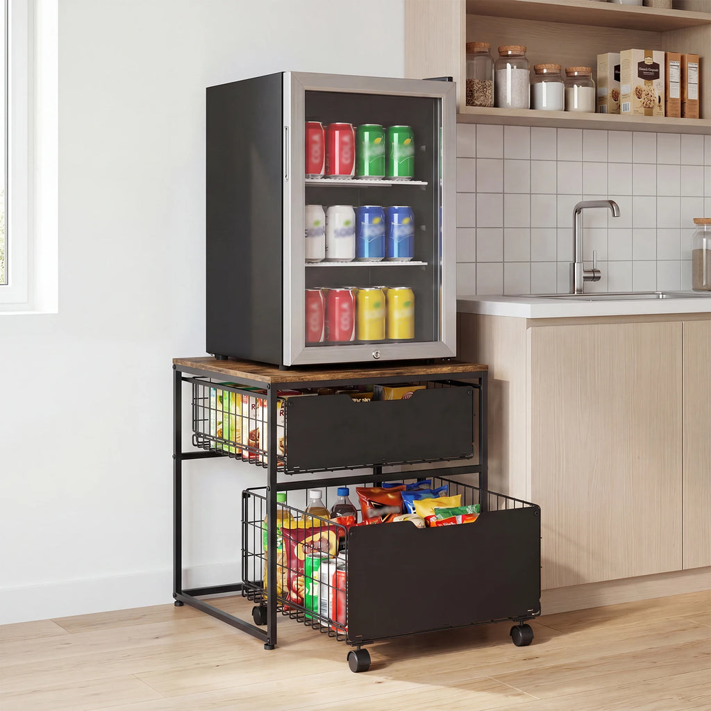 22x22IN Small Fridge Stand with Metal Storage Drawer Basket, Black | Table for Mini Fridge with Steel Frame and 4 Wheels, 300LBS Compact, Multi-Functional