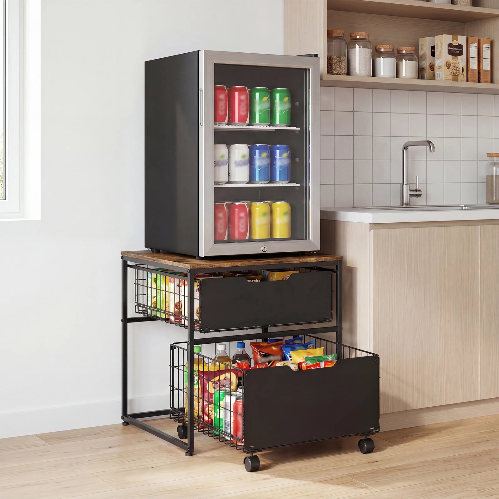 22x22IN Small Fridge Stand with Metal Storage Drawer Basket, Black | Table for Mini Fridge with Steel Frame and 4 Wheels, 300LBS Compact, Multi-Functional