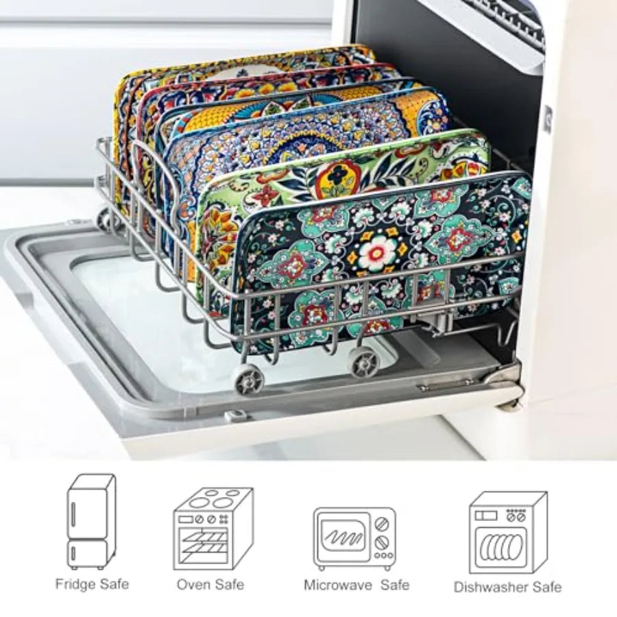 Boho Ceramic Dinner Plates Large Rectangular Set of 6 for , Microwave and Dishwasher