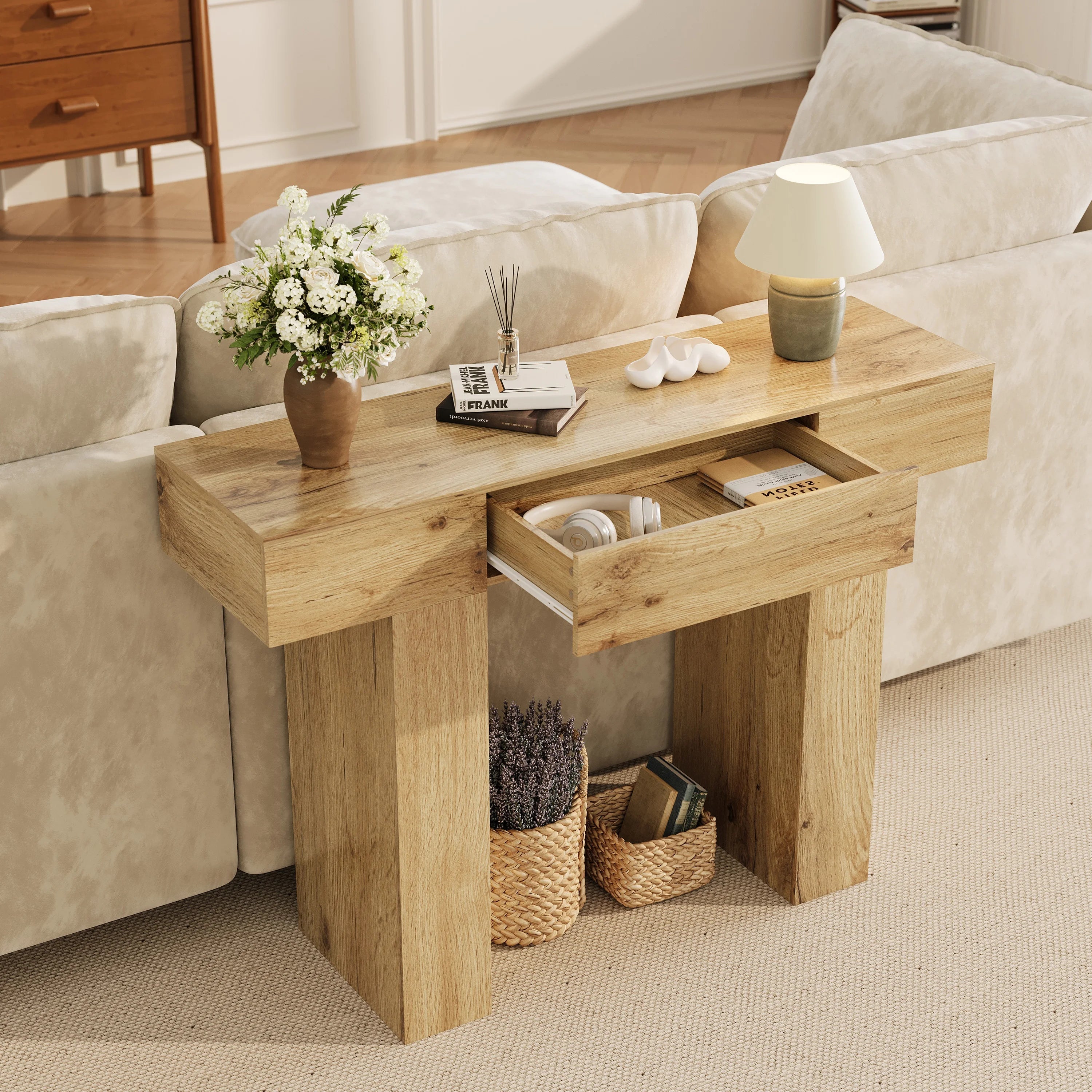 47" Long Console Table with Drawer, Narrow Entryway Table, Charcoal | Wood Rectangular Sofa Table