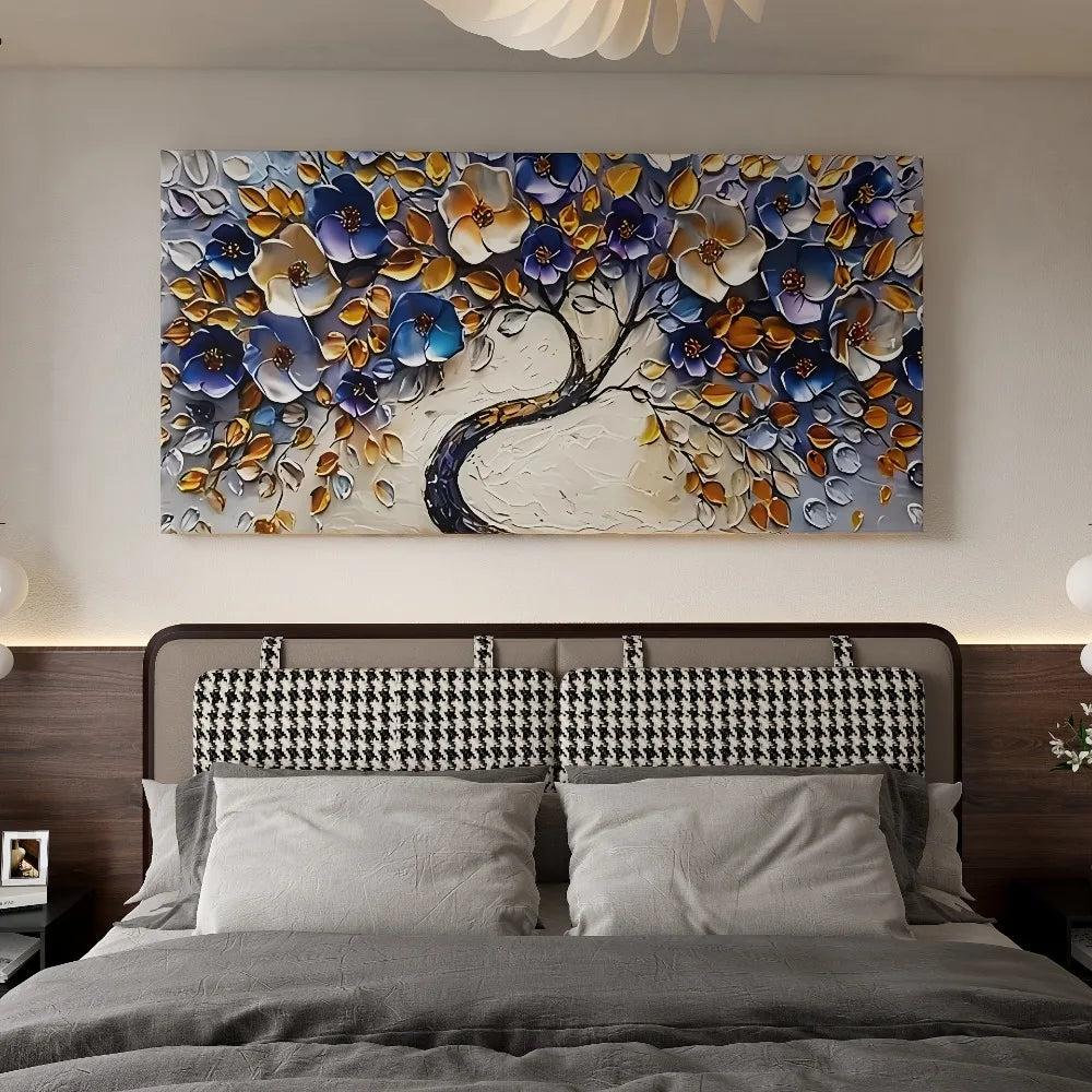 Large abstract blue textured Floral tree canvas art - Boho style,  1.5-inch chunky wood frame