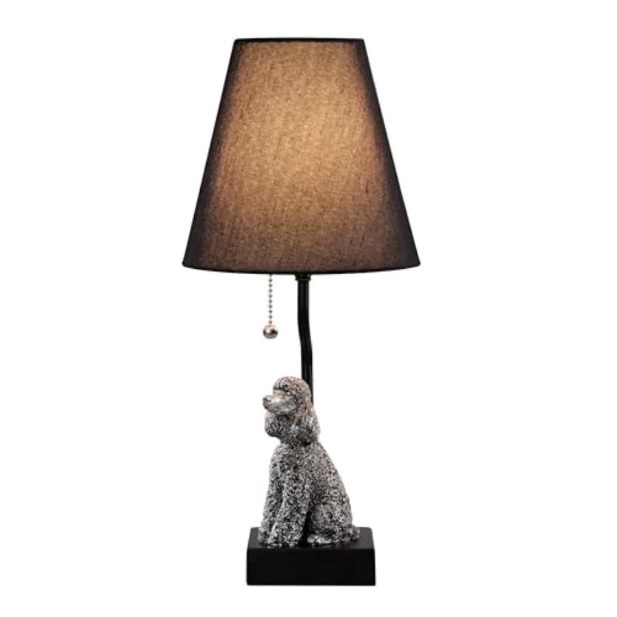 Portable Poodle Table Lamp with USB-C and USB-A Charging Ports, Black Fabric Shade and Dog Figurine Base