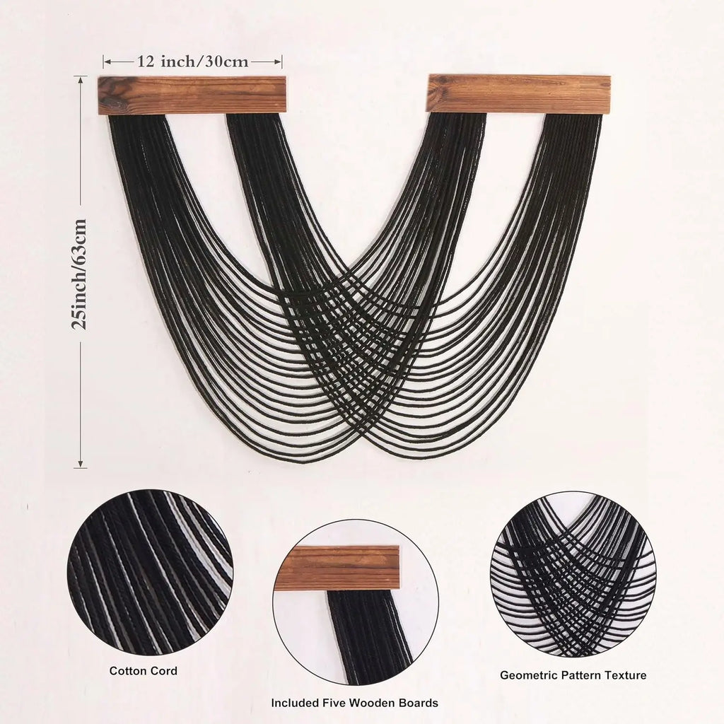 Black Macrame Wall Hanging, Boho Tapestry Woven Wall Art 12x25 Inch