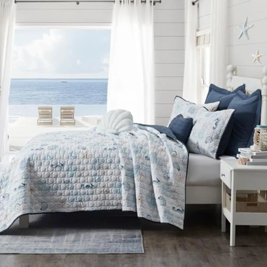 Cotton Coastal Quilt Set Shell Stitched Quilting Reversible with 2 Shams, Nautical Beach Lightweight