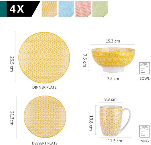 16 Pieces Porcelain Multi-Colour Japanese-style Dinnerware Set with 4PCS Dinner Plate Dessert Plate Bowl Mug