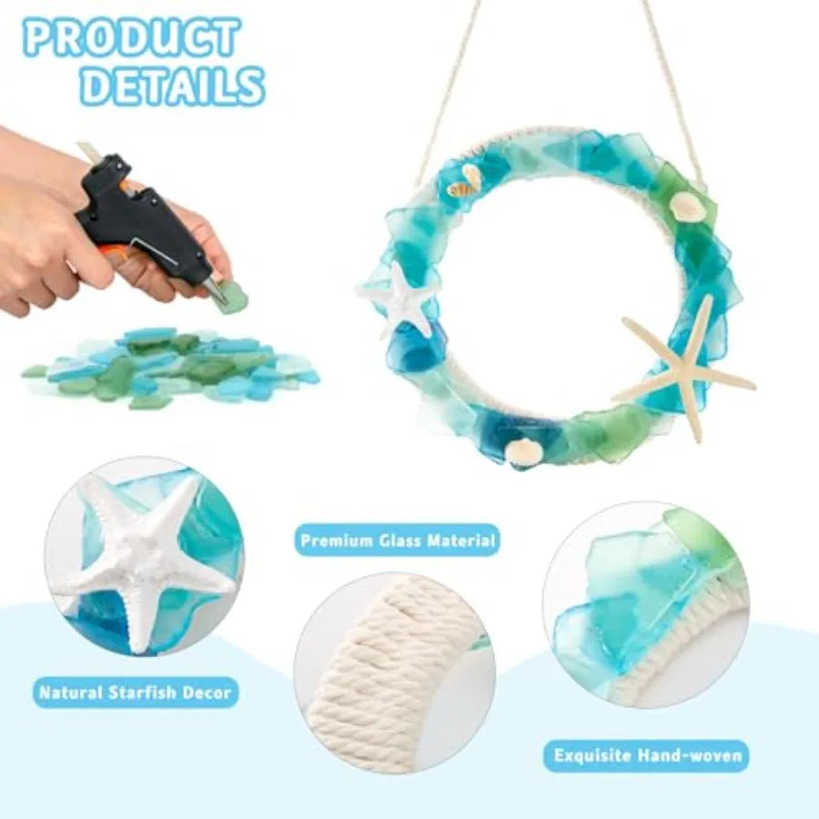 Handcrafted Coastal Blue Sea Glass Wreath for Door Starfish and Shells