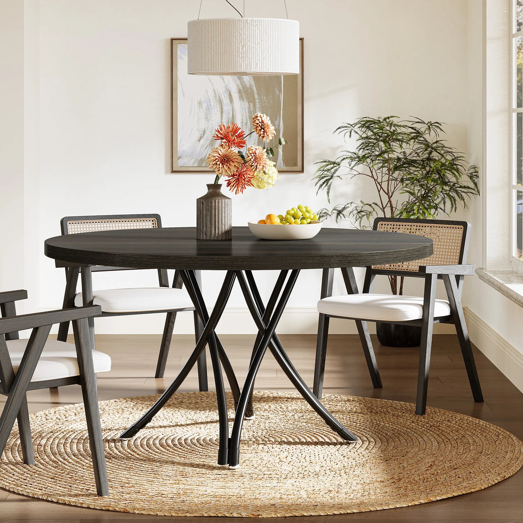 Round Dining Table, 47-Inch Wood Large Farmhouse and Modern Kitchen Table for 4-6 People with Gray Frame
