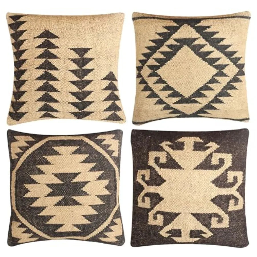 Set of 4 Turkish Handwoven Wool Jute Vintage Kilim Cushion Covers