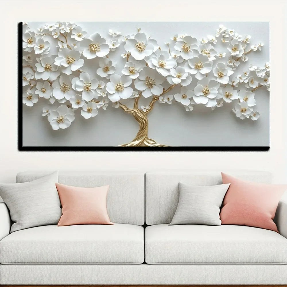 Nordic white flower oil painting on canvas,  1.5 inch thick pine solid wood frame