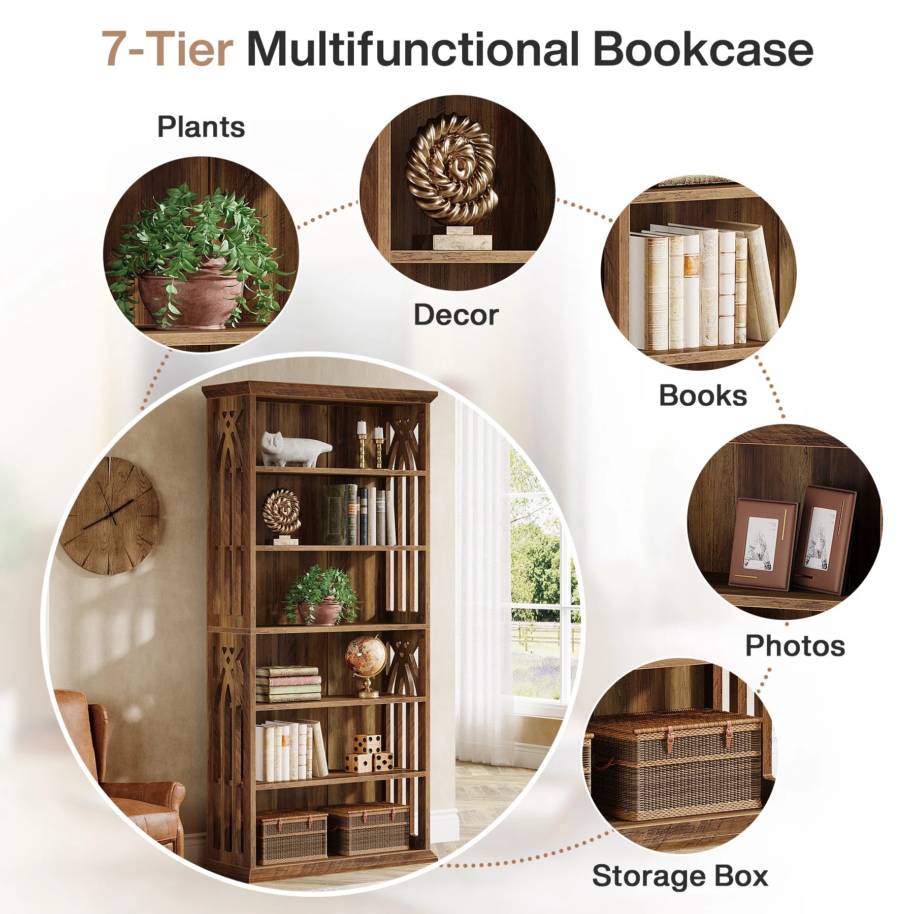 6-Tier Bookshelf, 75-Inch Tall Bookcase Freestanding Display Shelves