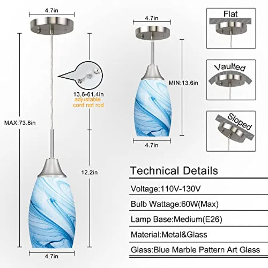 Mini Glass Pendant Light with Handblown Marble Art Oval Glass Lamp Ceiling Hanging Light 4.72" Small Chandelier