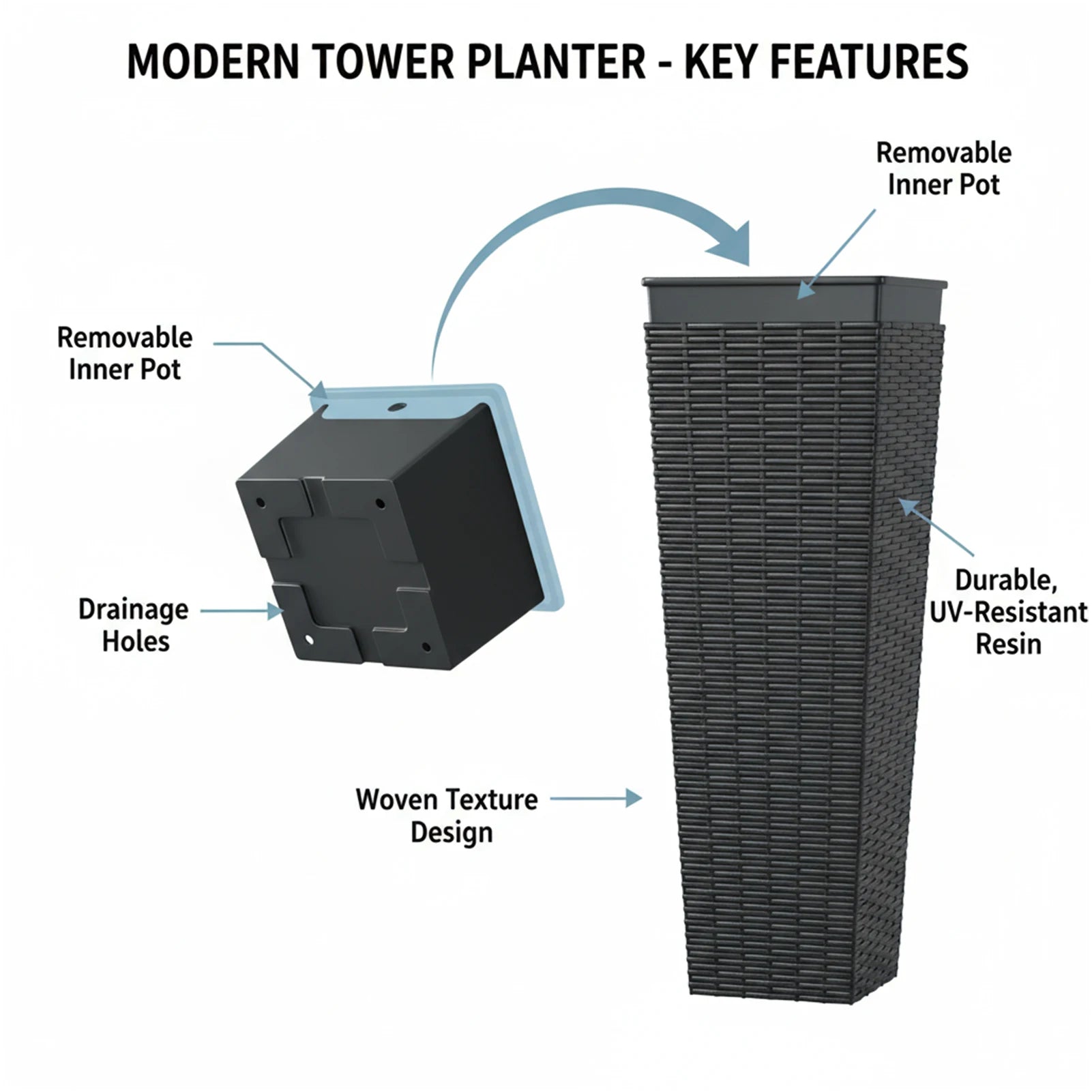 Resin Tall Plant Pots Large Tapered Flower Pots with Drainage Holes Removable Inner Pot Rattan