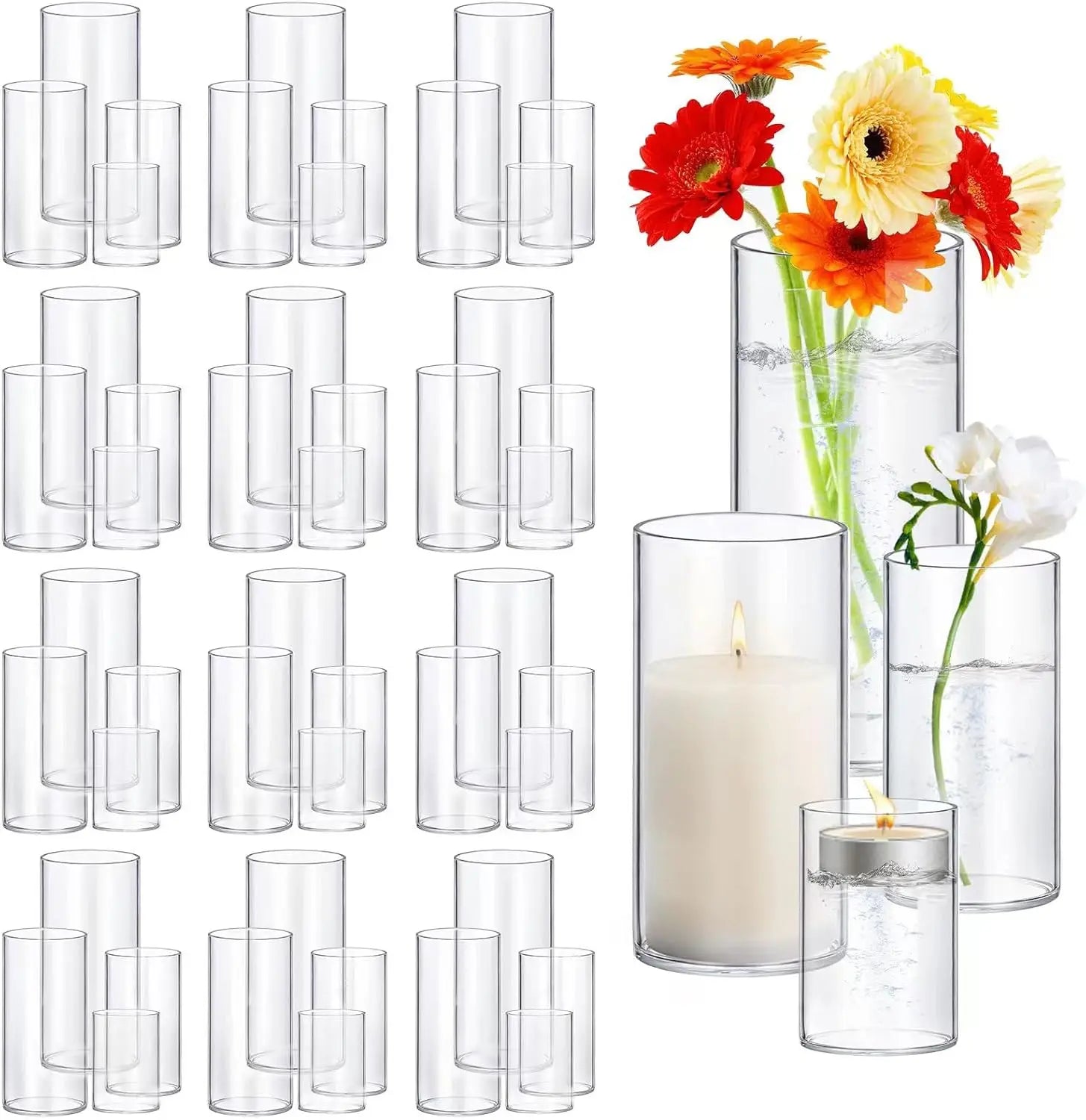 48 Pack Thick Glass Cylinder Vases 4,6,9,12 Inch Tall Clear Flower Vase Hurricane Floating Candle Holder