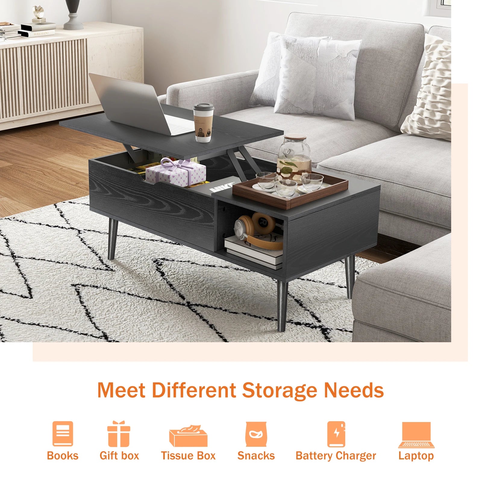 Lift Top Table 39.37"x19.7" Desk Tea Wood  Adjustable Storage Shelf Easy Lift Or Lower