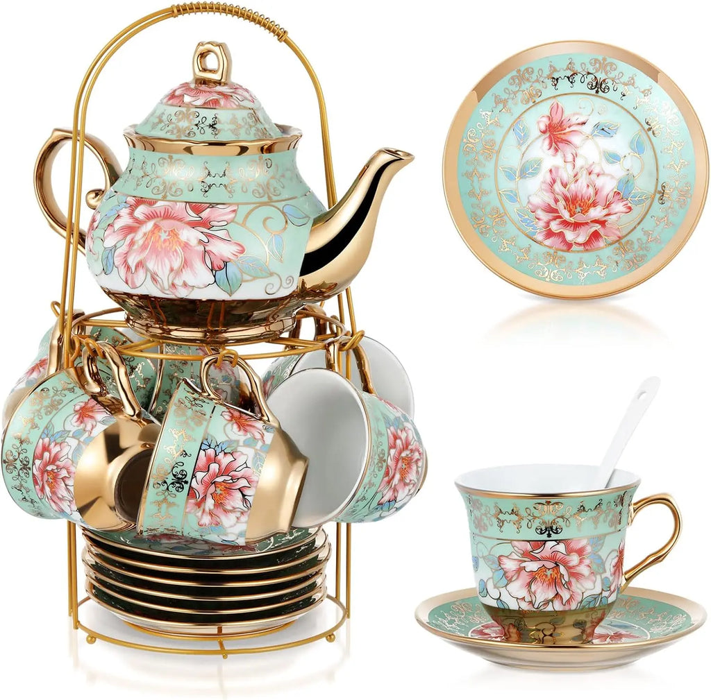 20 Pcs Porcelain Tea Set with Metal Holder and Spoon  European Flower Painting