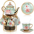 20 Pcs Porcelain Tea Set with Metal Holder and Spoon  European Flower Painting