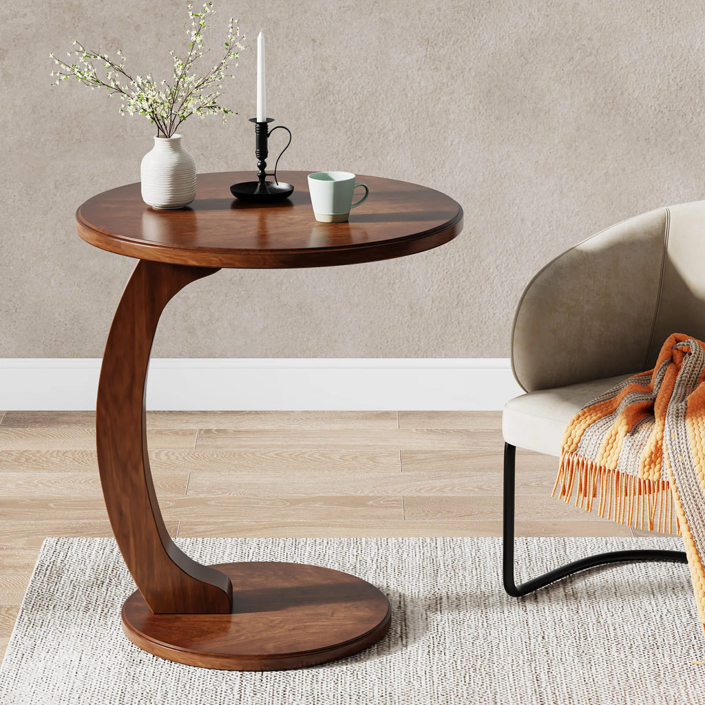 Round End Table, Wood C-Shaped Side Table,rer Mid-Century End Table, Retro Side Table