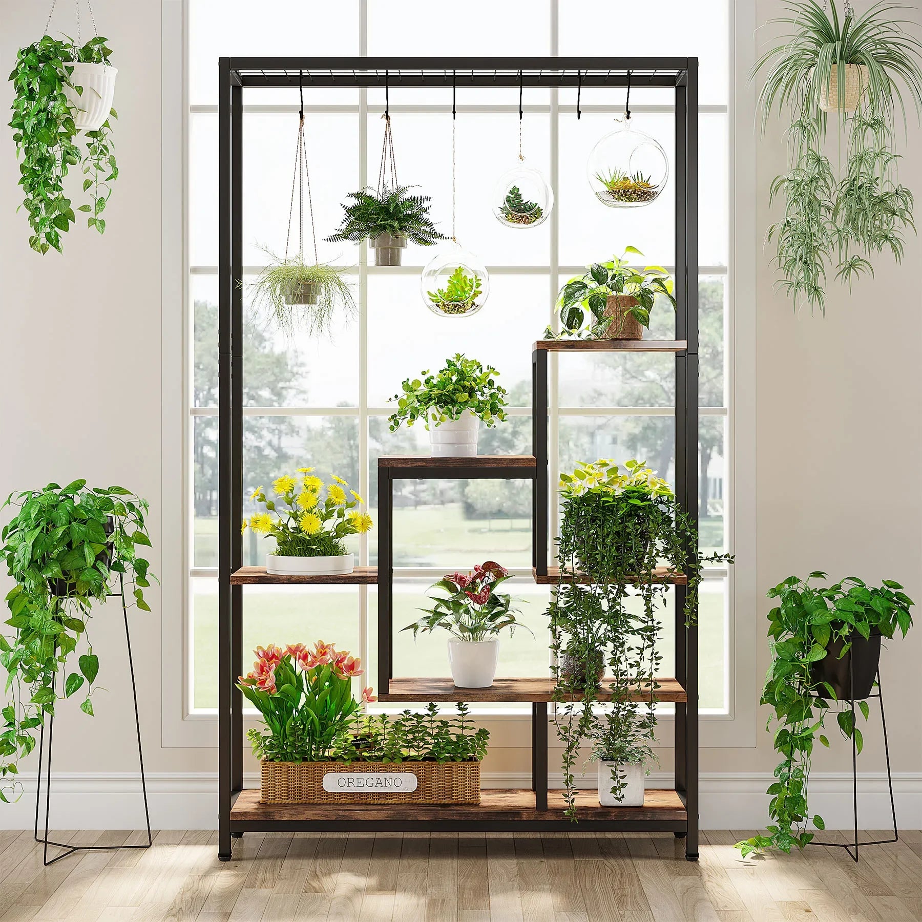 Tribesigns 5 Tiers Tall Indoor Metal Plant Stand 70.9 inches 10 PC S Hanging Hooks for Garden