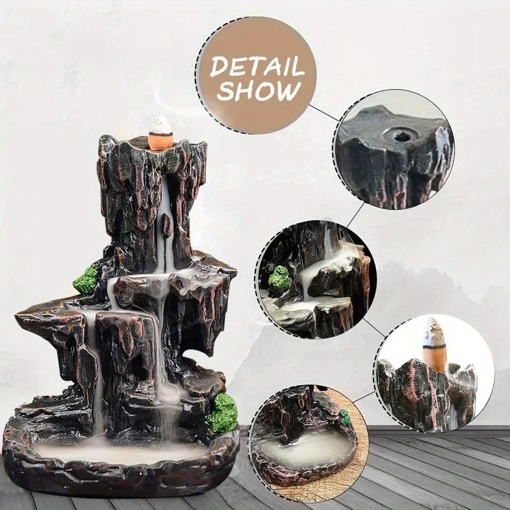 Waterfall Monk Incense Burner Mountain Tower Stone Brown