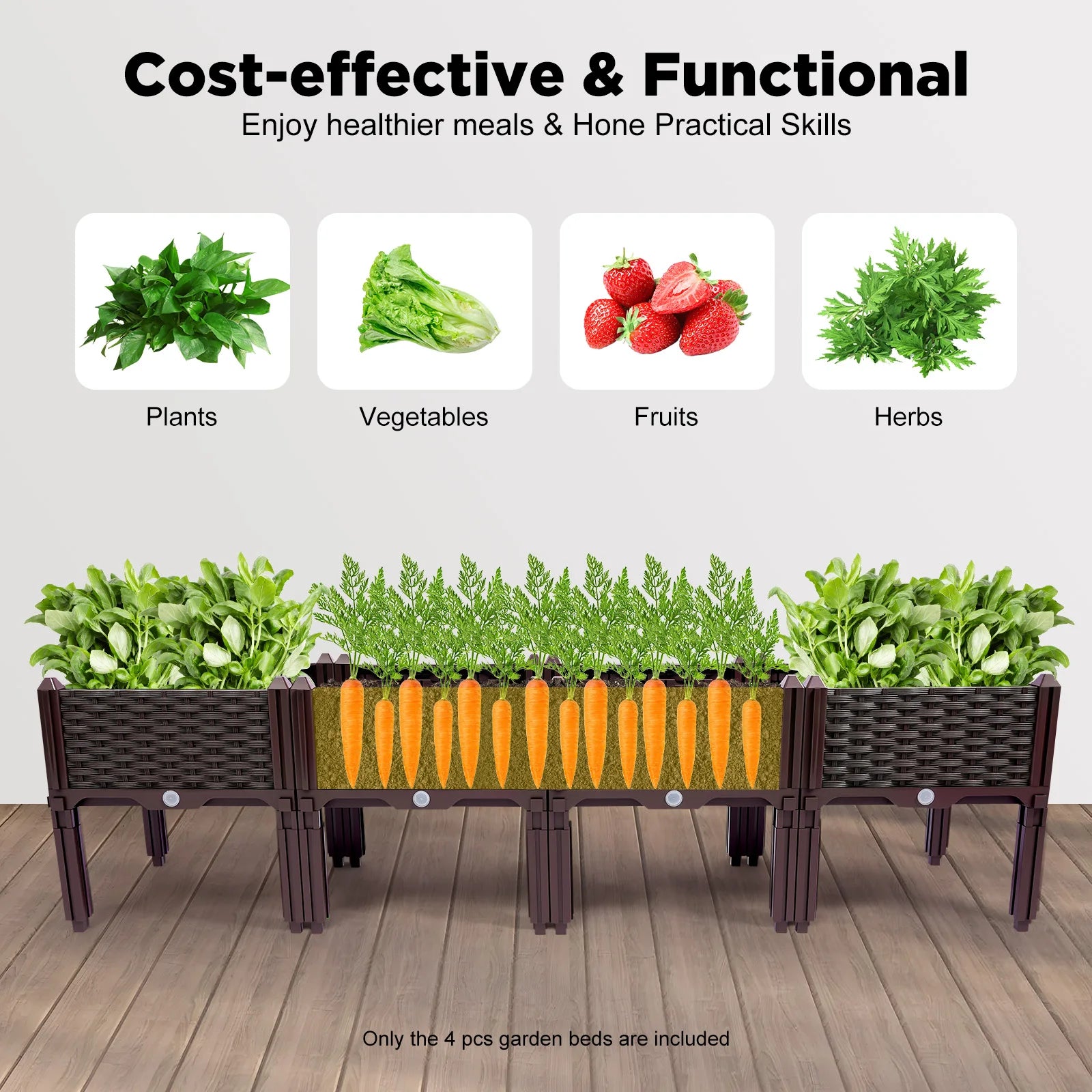 4-Raised Garden Bed Kit, Elevated Planter Box for Vegetables Herbs Flowers, with Drainage Holes, Outdoor Indoor Gardening
