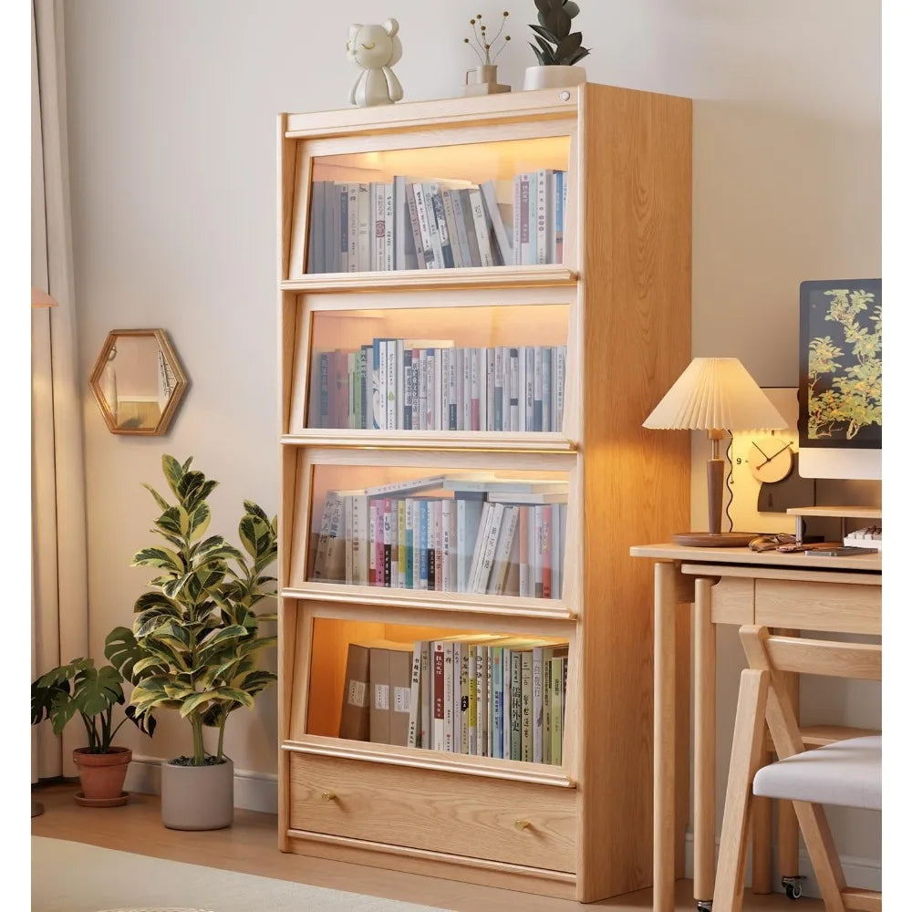 73" H Tall Solid Wood Bookcase with Flip-Up Tempered Glass Doors and 3 Color Led Lights,4 -Tier