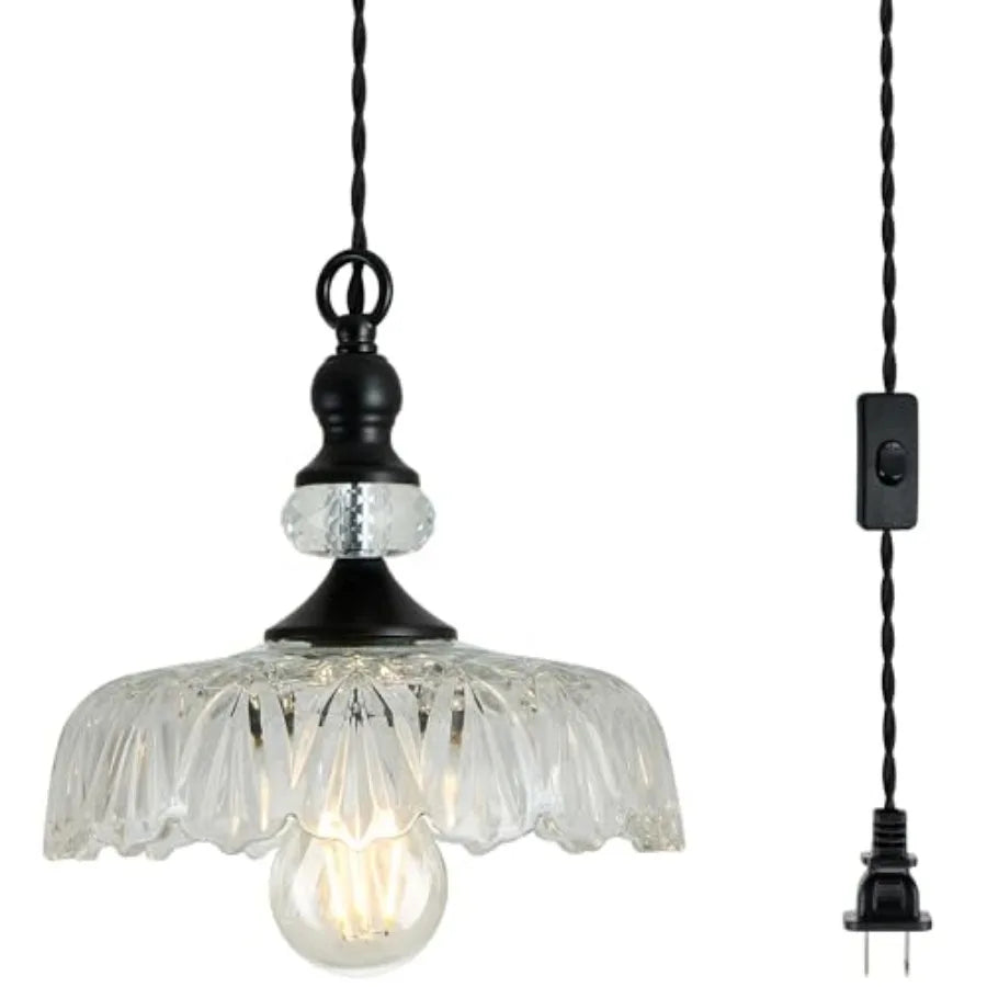 Plug in Glass Pendant Light Fixture Black Vintage Adjustable Chandelier Hanging Ceiling Light