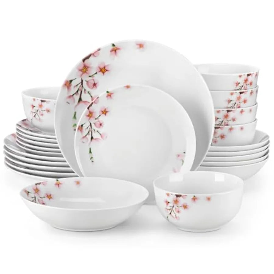 Dinnerware Sets for 6, 24 Porcelain Plates and Bowls Set with Pink Floral,