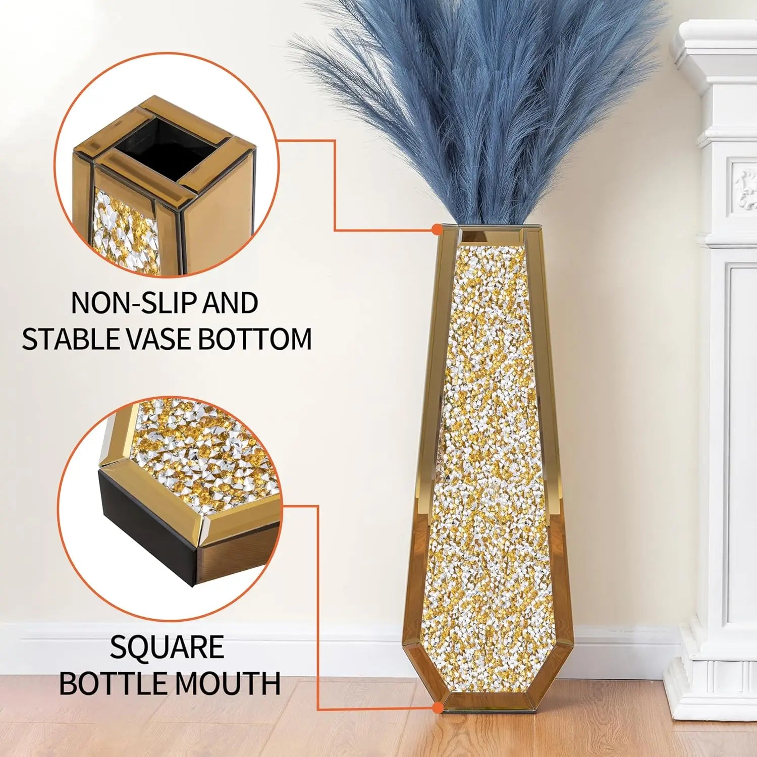 24 Gold Floor Vase Crushed Diamond Tall Glass Vase for Floor Luxury Crystal Mirrored Decorative Flower Vase for Pampas Grass