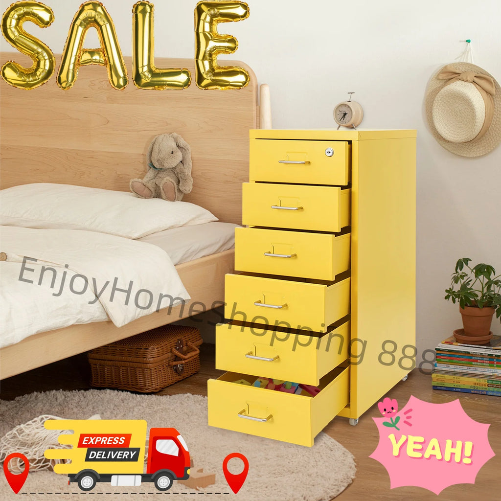 6 Layer File Cabinet Metal Filing Cabinet Yellow Vertical File Cabinet With Lock Wheels Mobile Storage