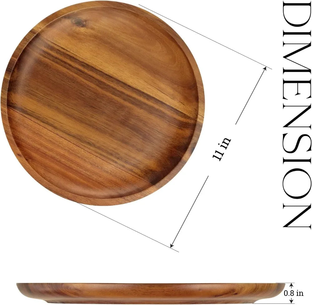 Acacia Wooden Plates Set of 4, 11 Inch Round Dinner Plates, Natural Unbreakable Lightweight