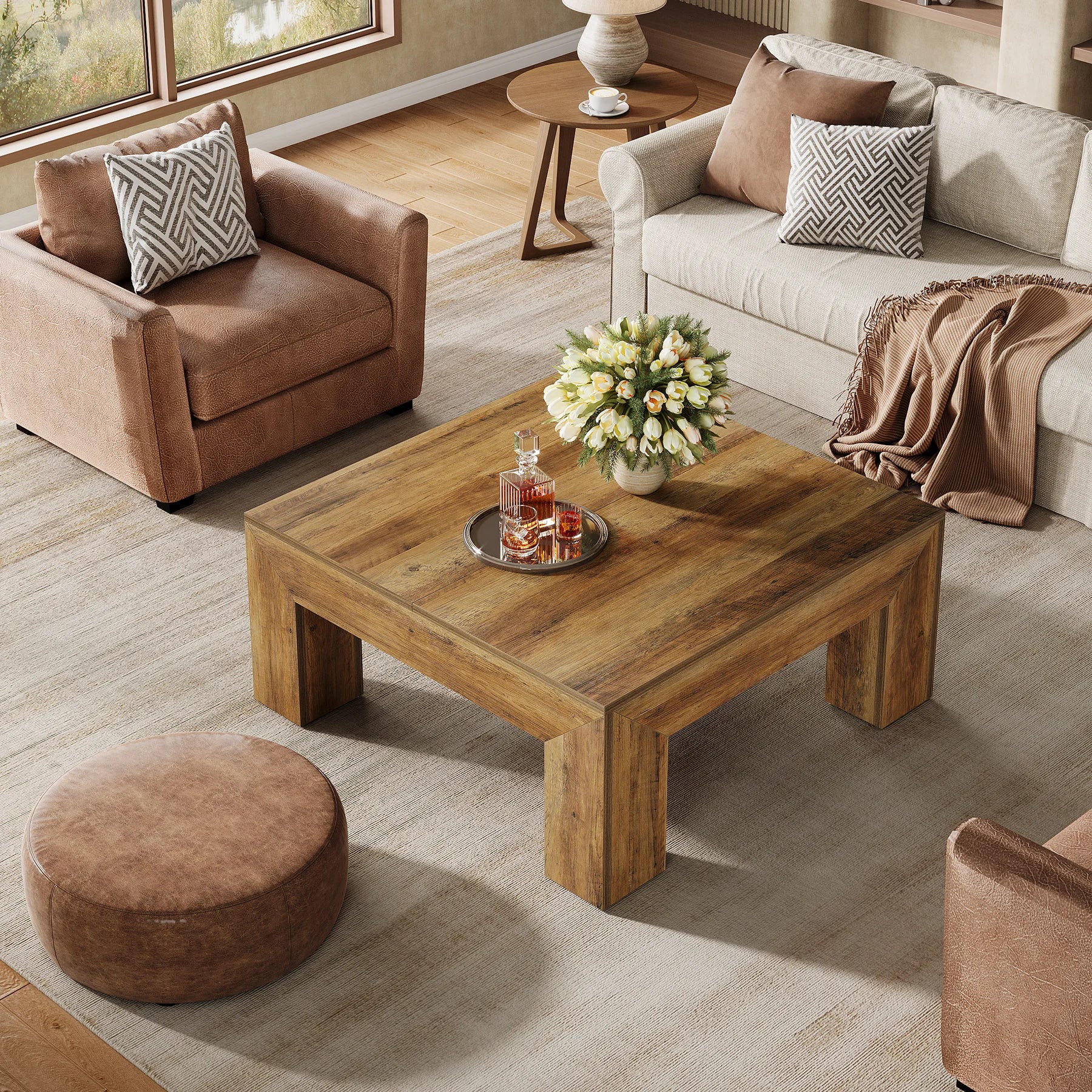 39.4-Inch Square Table Farmhouse All MDF Accent Center Cocktail Table with Sturdy Wooden Legs