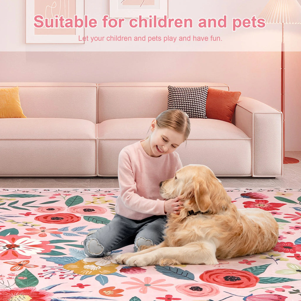 8' X 10' Washable Rug Boho Floral Rug Low Pile Indoor Carpet Non Slip Floor Carpet for Large Living Room Bedroom
