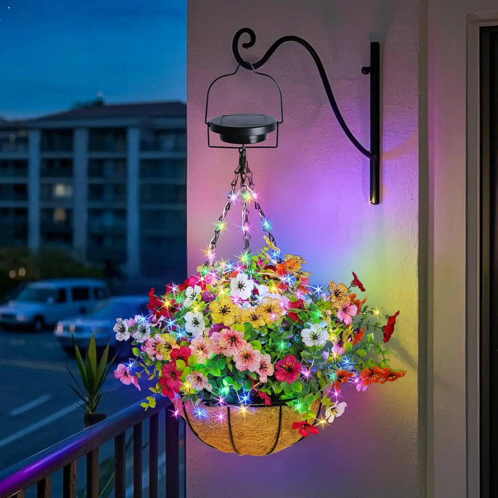 Solar-Powered Hanging Flower Basket Lights Outdoor DIY Copper Wire RGB Lights