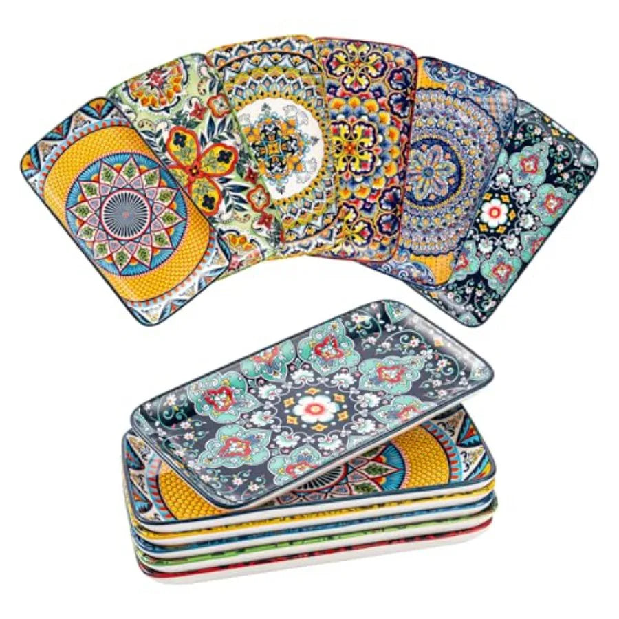 Boho Ceramic Dinner Plates Large Rectangular Set of 6 for , Microwave and Dishwasher