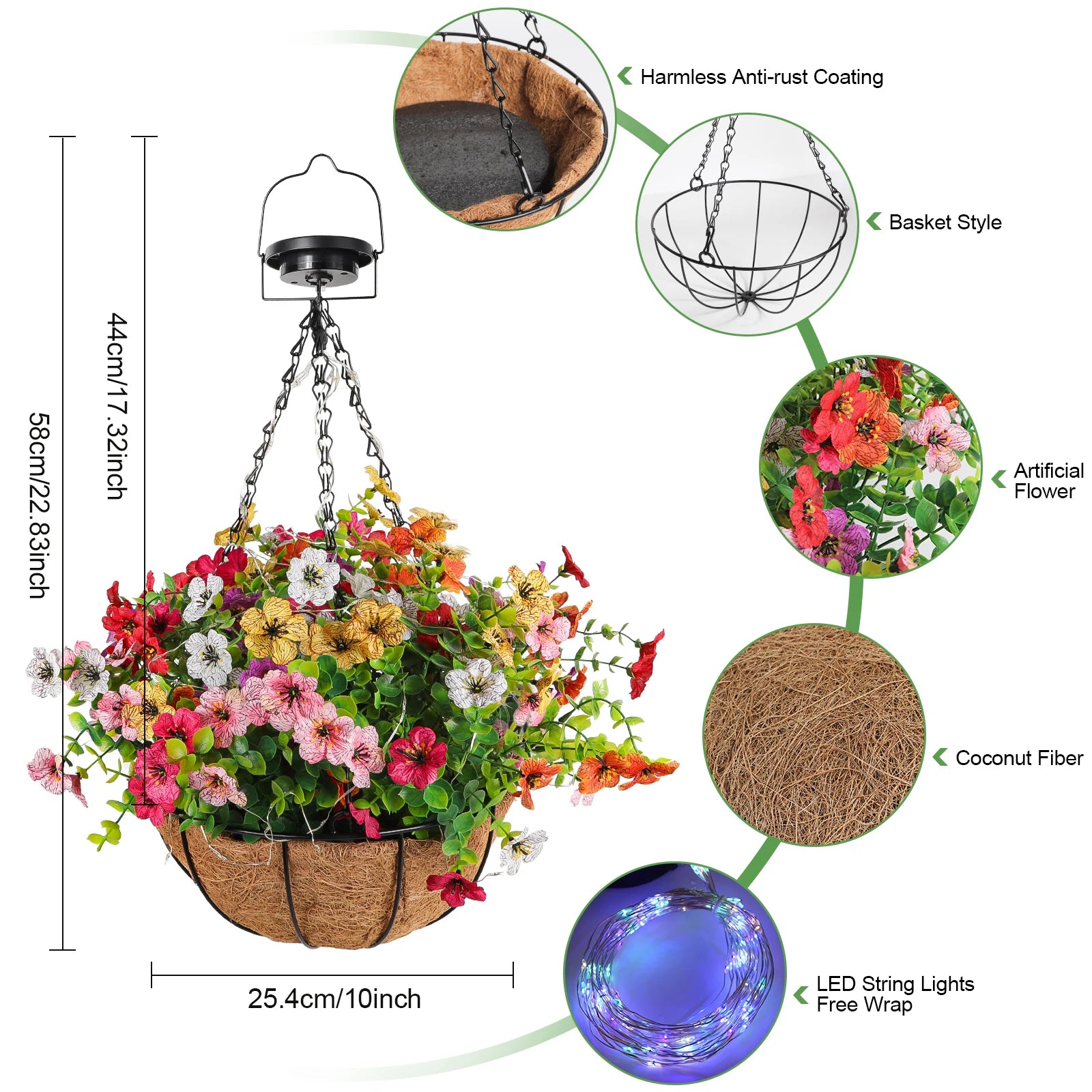 Solar-Powered Hanging Flower Basket Lights Outdoor DIY Copper Wire RGB Lights