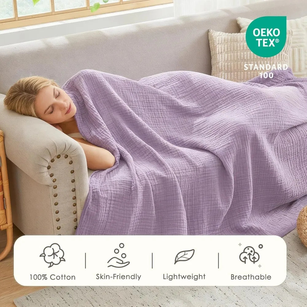 Cotton Muslin Blanket King Size - Soft, Breathable Layering Blanket, 108'x90', All Season Gauze, Lavender